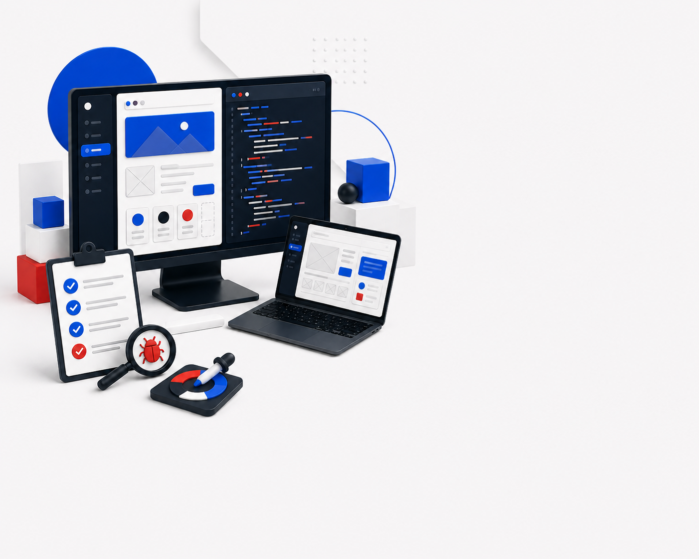 Ilustración de desarrollo de software, diseño de interfaces y control de calidad